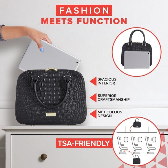 Black Vegan Leather Multi-Compartment Travel Tote Bag with Detachable Shoulder S - Picture 6 of 9